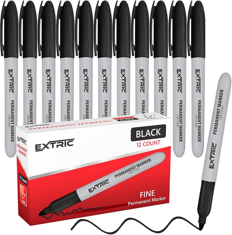 EXTRIC Permanent Markers Black, 12 Count Fine Point Markers, Quick Drying, Works on wood, Paper, Plastic, Metal and Glass, for Home, Office and School use - Image 1